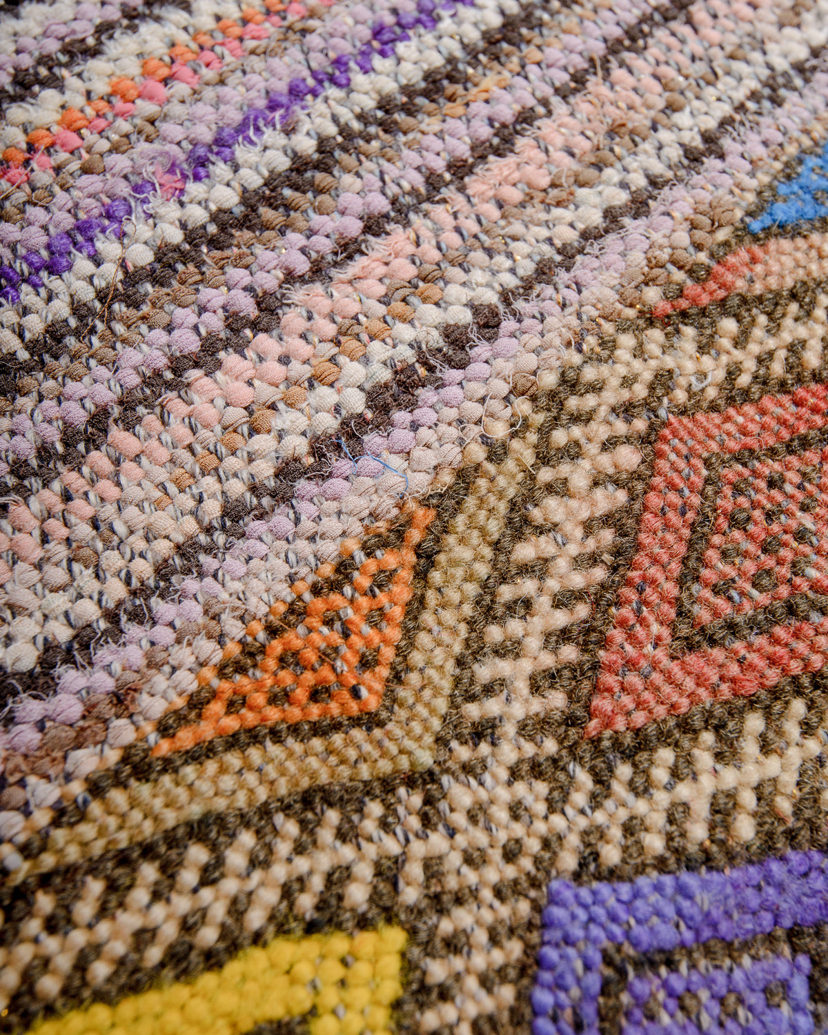 Texture of vintage kelim rug made of recycled wool, cotton and cloth remnants.